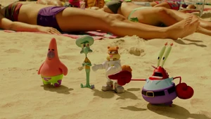 Mr. Krabs at the beach with the others.