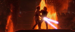 Vader and Obi-Wan fight near an eruption of lava.