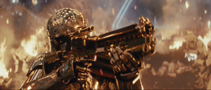 Captain Phasma pointing her blaster at BB-8