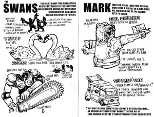 Concept art of Alex, Ash and Mark alongside developer notes.