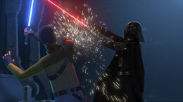 Vader slashes Kanan's shoulder.