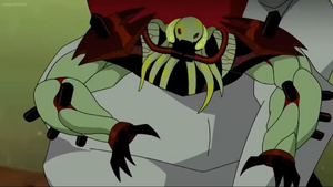 Vilgax being grabbed by Way Big as he tries to escape.