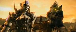 Quan Chi holding Moloch's head in Mortal Kombat X.