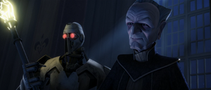 Palpatine smiling while Anakin duels Dooku.
