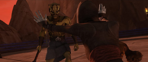 Fighting with a curved dagger, Opress was initially Force-pushed against the combat field's railing by Ventress.