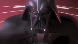 Vader angrily glares up while still kneeled.