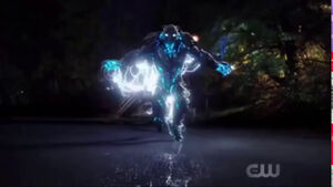 Savitar throwing lightning at The Flash.