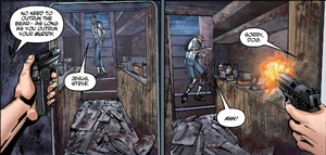 Steve shoots Greg in the knee for trying to abandon her.