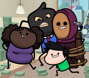 Jasper and his "family" of hostages.