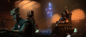 Keeper Agruss and Dooku, through holoconnection, monitor the battle.