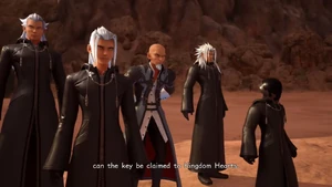 Xehanort with his younger self, Xemnas, Ansem, and Vanitas.