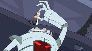 The mecha attempting to drop Doof into his blender attachment, much to Doof's anger.