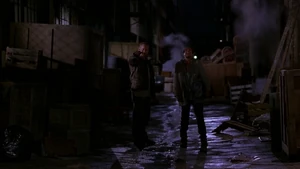 Rig holding T. Paul and Nick at gunpoint while Charlie laughs sadistically
