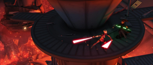 In the Jedi Cruiser's reactor room, the Mirialan Jedi Luminara Unduli barely sees Ventress in time to avoid her saber.