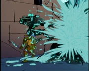 Donatello takes several of the S-Gray Aliens, which implode when touching.