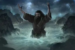 Aeron on the shores, praying to his Drowned god.