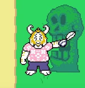 Asgore becomes a gardener on the surface after the events of Undertale in the True Pacifist Route.