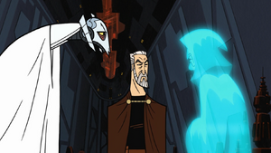 Dooku stands by as Grievous continues to give his report to Lord Sidious.