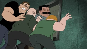 The first four goons being trapped in a tightened room by Carl.