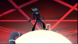 Vox psychotic laugh as he prepares to kill Charlie, Emily and Alastor.