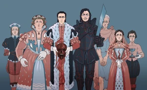 From left to right: Elmar and Fat Walda Frey, Roose and Ramsay Bolton, Theon Greyjoy (Reek), Jeyne Poole (disguised as Arya Stark), and Arya (disguised as Nan).