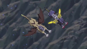 MetalGarurumon and Gryphonmon in air battle