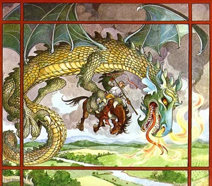 The dragon is stabbed while attempting to fly away with George.