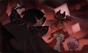 Dark Enchantress Cookie and her servants in Cookie Run: Kingdom (from left to right) Licorice Cookie, Dark Choco Cookie, Pomegranate Cookie and Poison Mushroom Cookie.