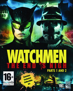 Rorschach with Nite Owl on the cover of Watchmen: The End is Nigh.