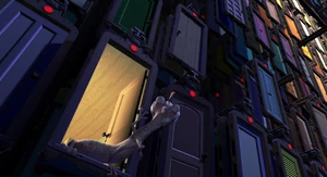 Randall chases Sulley, Mike and Boo.