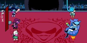 Queen with Berdly in hostage faces Kris, Susie and Ralsei.