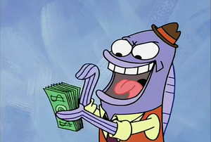The Con Man's evil grin and laugh. as he tricks SpongeBob and Patrick the third time.
