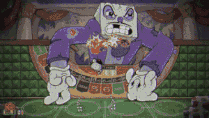King Dice's defeat. Note that his head has a chip and his tuxedo appears ragged.