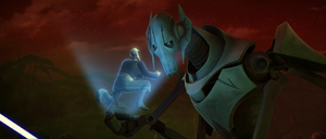 Whilst cutting down the attacking zombies, Grievous acknowledges his new orders before ending the transmission with Dooku.