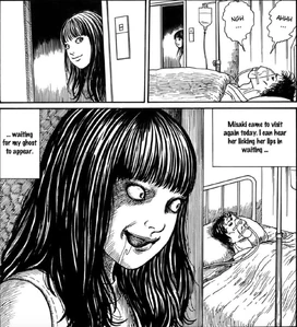 Misaki stalking Shigeru, waiting for the opportunity to eat his ghost.