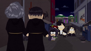 The leader and Randy's friend Nelson finding Mysterion (Kenny) talking to the goth kids.