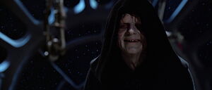 Darth Sidious laughing as Luke gets the upper hand in his fight.