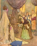 The Wicked Fairy Godmother cursing Sleeping Beauty.