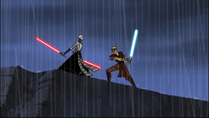 Ventress and Anakin outmaneuver each other in the rain.