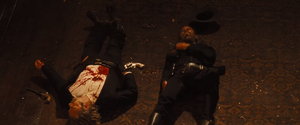 Crash is shot in the crotch by Django, with the latter wailing in agony and pain.