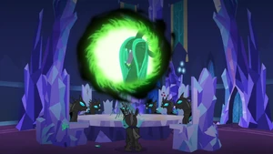 Queen Chrysalis laughing maniacally.