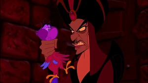 Iago hearing Jafar reveal that Prince Ali is actually Aladdin and that he has the lamp.