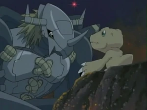 BlackWarGreymon talking to Agumon.