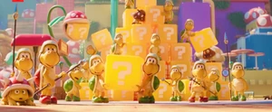 The Koopas, Goomba and Spinies, noticing Mario and Donkey Kong.