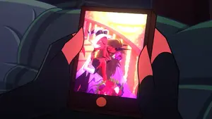 Moxxie looking at a picture on his phone to understand he married Millie to have a better life before standing up to his father.