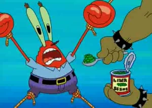 Mr. Krabs is seemingly defeated, being force-fed lima beans as punishment for scamming the children.