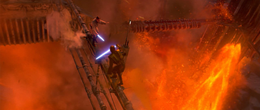 Vader and Kenobi continue their duel outside the complex.