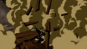 The Tennyson's home crashing down on Vilgax.