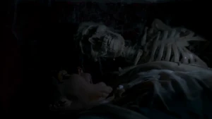 Xander screaming at the skeleton in a coffin.