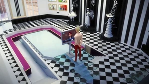 Gabriel watching Nadja Chamack's broadcast on his fashion week.